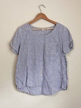 Christian Siriano Linen Blue and White Boxy Blouse